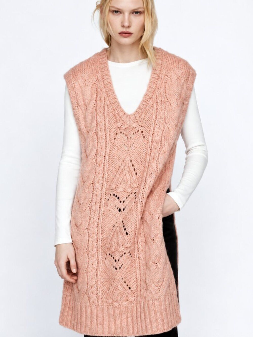 Zara Women's S Pink Cable Knit Long Sweater Vest Wool Alpaca Cottage Coquette